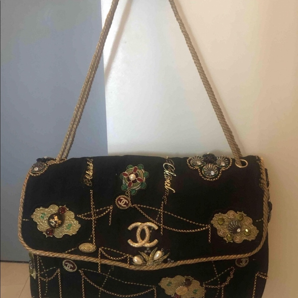 Auth CHANEL Denim Beads Pearls Jumbo Flap Bag RARE - Picture 2 of 16
